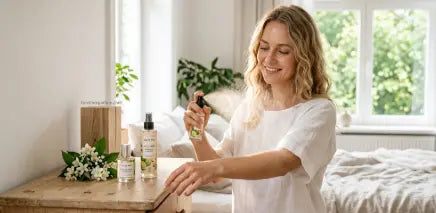 Mermer zemin üzerinde zarif body mist şişesi ve günlük parfüm koleksiyonu ile ferahlık konsepti