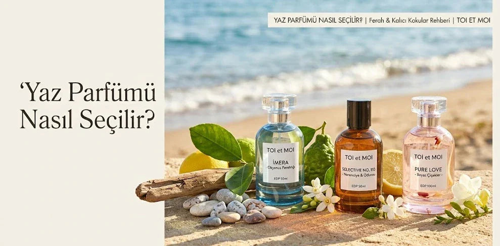 Yazlık ferah notalara sahip Toi et Moi niş parfüm şişeleri kumsal üzerinde güneşli bir arka planda.